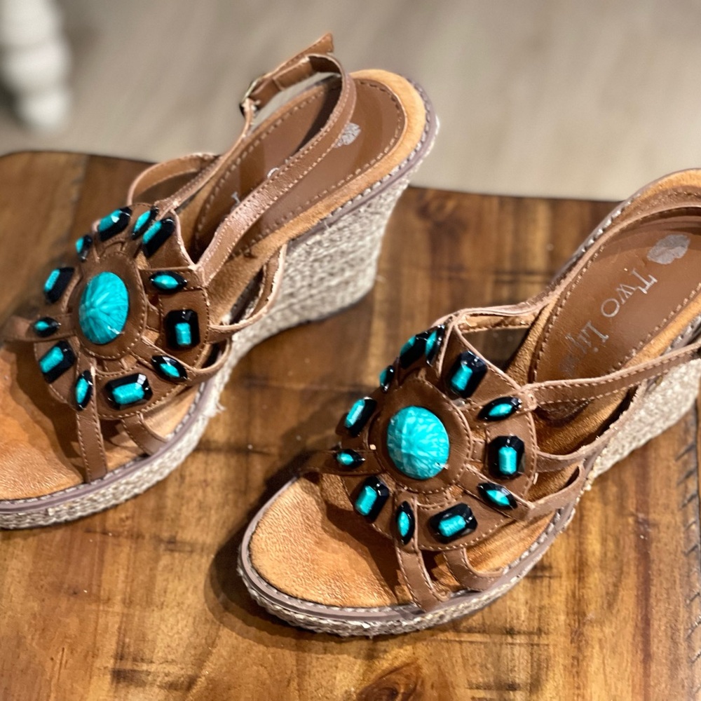 Two Lips Brown and Turquoise Wedge Sandals